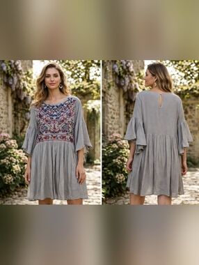 Umgee USA Embroidered Boho Tunic Dress Gray XL Floral Peasant Bell Sleeve